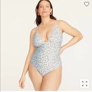 NWT J. Crew Blue Floral Plunge One-Piece Swim Bathing Suit Women's Size 22